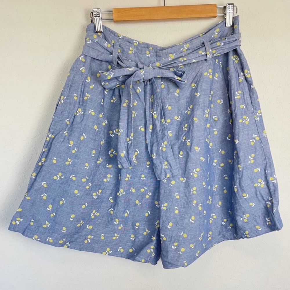 Joules Blue High Waisted Lemon Print Linen Blend Shorts Size 10